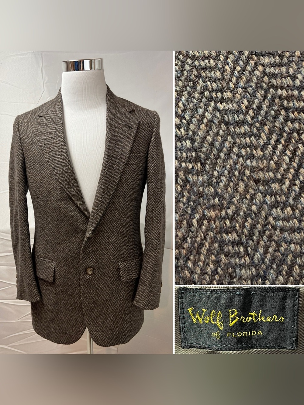 Vintage Men’s Brown Herringbone Tweed Wool Blazer Jacket Sport Coat